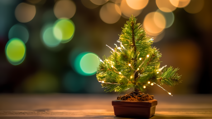 绿光闪耀的木质表面上迷人的迷你圣诞树摄影图