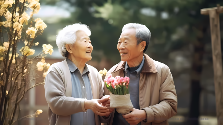 亚洲两位老年华人赏花摄影版权图片下载