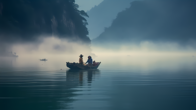 神秘山湖中的双人船摄影图片