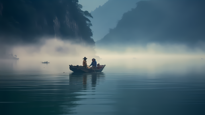 神秘山湖中的双人船摄影版权图片下载