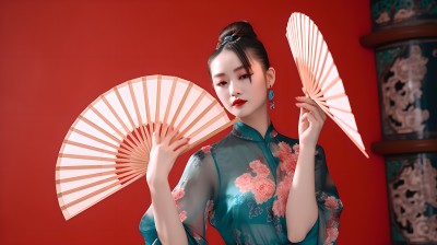 中国风女子手持扇子摄影图片