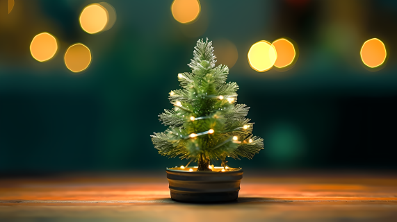 浓郁绿意的木质台面上的迷人圣诞树摄影图