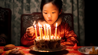 亚洲华裔女孩吹蜡烛摄影图片