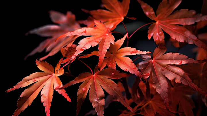 红色日本枫叶在黑暗中的摄影版权图片下载