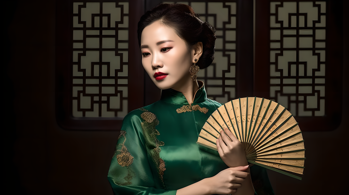 中国女子身穿绿色旗袍持扇摄影图版权图片下载