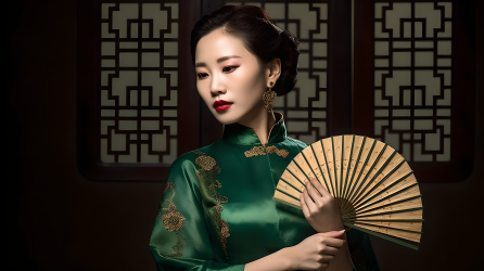中国女子身穿绿色旗袍持扇摄影图