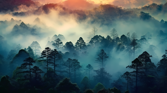 东北森林日出与雾中的绚丽色调摄影图