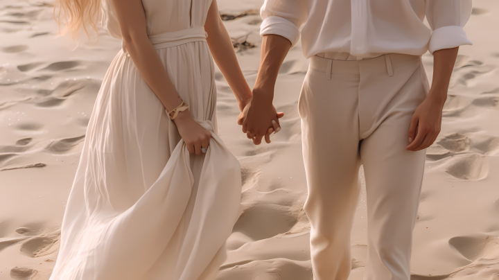 沙滩上牵手的夫妻摄影版权图片下载