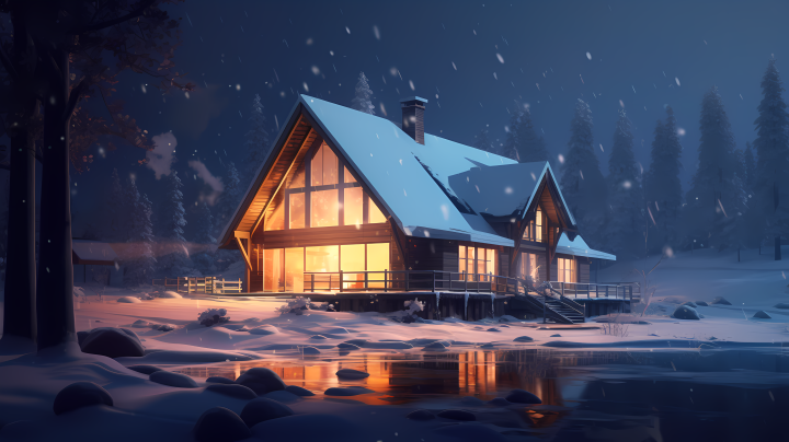 冬夜白雪中的小屋摄影图版权图片下载