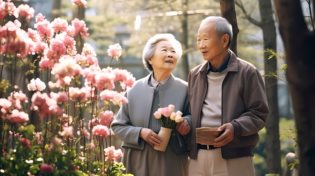 亚洲老年夫妇欣赏花朵摄影图片