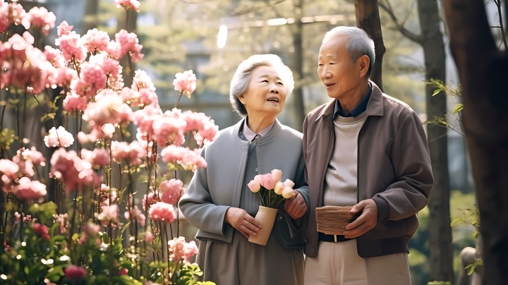 亚洲老年夫妇欣赏花朵摄影版权图片下载