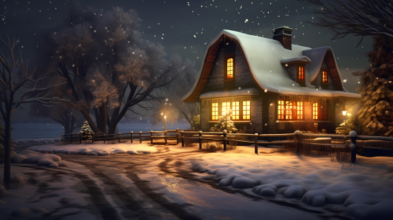 冬夜雪地上的小屋摄影图