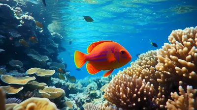 红蓝之美珊瑚中游的橙色鱼