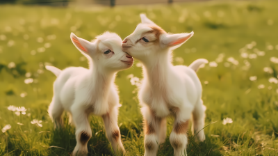 绿草上的两只小山羊接受亲吻的摄影图片
