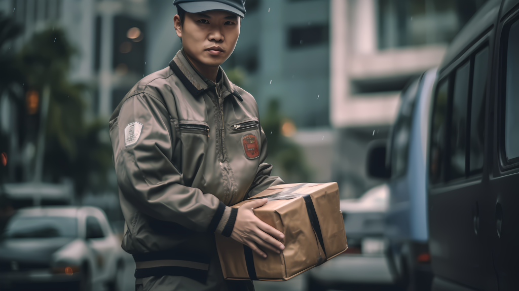 制服快递员手持箱子摄影图片
