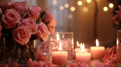 浪漫气氛红粉玫瑰蜡烛摄影图片