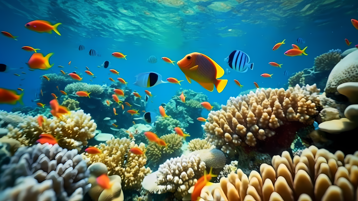红蓝鱼儿穿梭珊瑚群如画又如梦摄影图版权图片下载