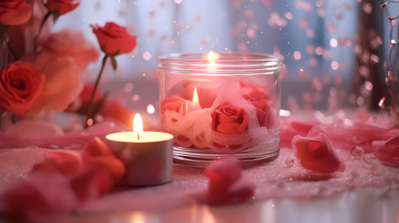 浪漫红粉玫瑰蜡烛摄影图片