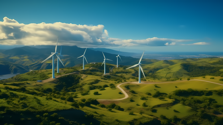 蓝天草地与山坡上的数座风力涡轮机摄影版权图片下载