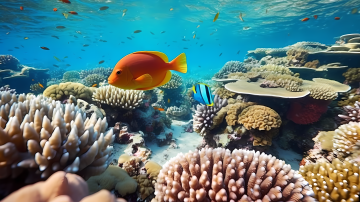 橙色鱼儿翩翩游动于群体珊瑚之间版权图片下载