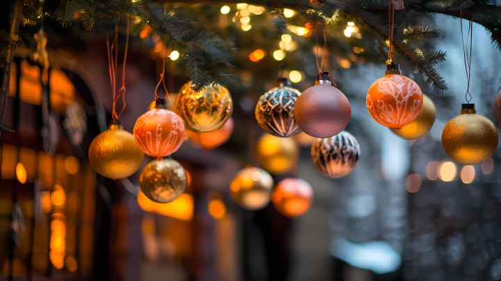 挂满树枝的圣诞球装饰摄影版权图片下载