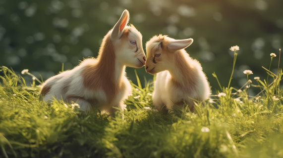 绿草上的两只小山羊接吻摄影图片