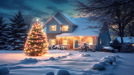 夜晚的家前一棵点亮的圣诞树摄影图片
