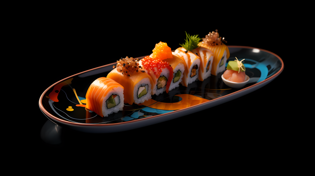 红橙色酱汁的寿司盘上的动态和紧张场景摄影图版权图片下载