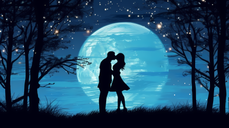 夜晚浪漫接吻的剪影美丽的满月摄影图