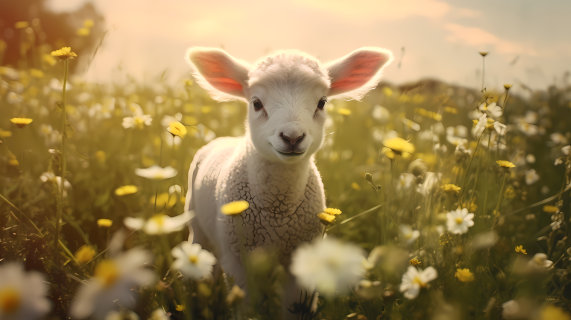 草地上的白色羔羊摄影图片