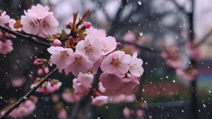 雨中绽放的首尔樱花摄影图版权图片下载