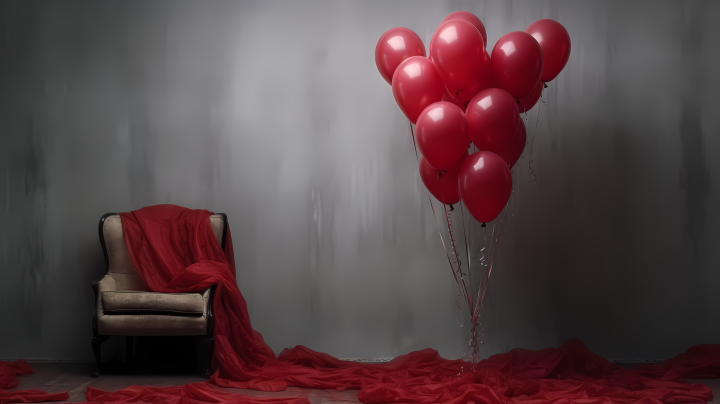 浪漫红玫瑰花束与气球的摄影版权图片下载