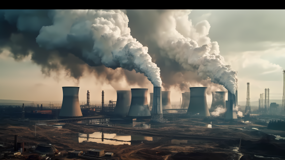 煤燃电厂排放烟雾的大气摄影图片