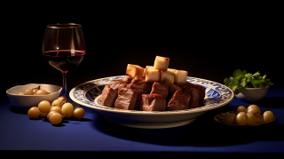 嘉年华风格美食牛肉土豆红酒摄影图