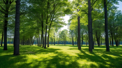 青葱树木下的宁静田园景象摄影图