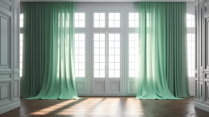 柔和对称的平房内部绿色窗帘和白色门摄影版权图片下载