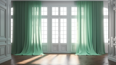 柔和对称的平房内部绿色窗帘和白色门摄影图片