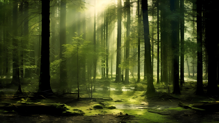绿色森林中的树木间阳光透射摄影图版权图片下载
