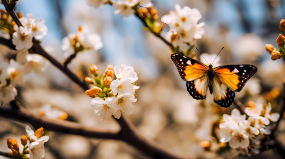 白花枝上黄黑蝶摄影图片