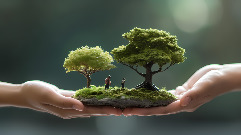 环境意识手牵手托起树木摄影图片