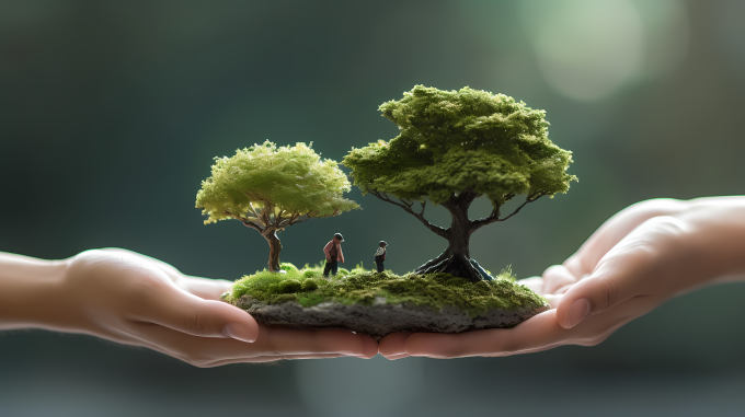 环境意识手牵手托起树木摄影图片