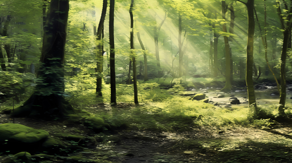 绿色森林中透过树木的阳光摄影图片