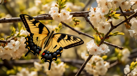 白花树枝上的黄黑蝴蝶摄影图片