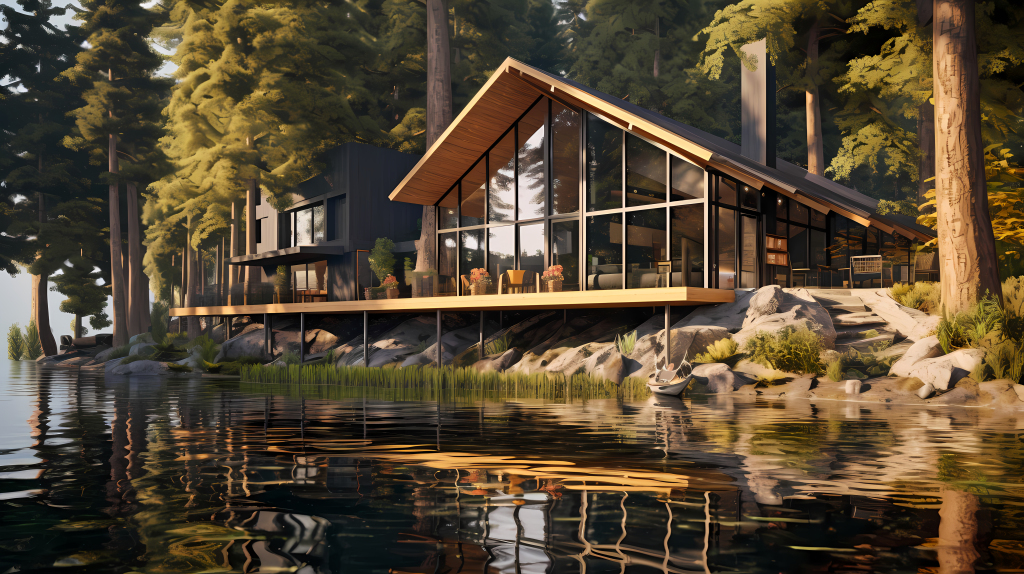 水畔森林中的大型木制别墅摄影版权图片下载