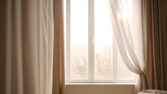 卧室窗帘搭配百叶窗的摄影图片