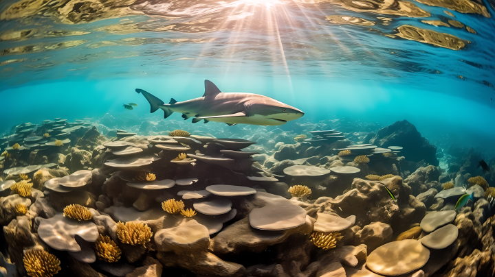 黑斑鲨与众多鱼儿游动的自然风格摄影图版权图片下载
