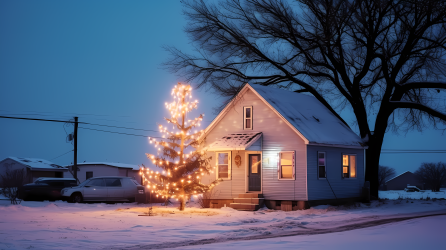 夜幕下的家前未点亮的圣诞树摄影图片