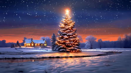 浪漫乡村生活风格的美丽白色圣诞树在星空下，摄影图片