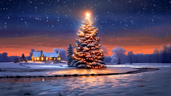 浪漫乡村生活风格的美丽白色圣诞树在星空下，摄影版权图片下载