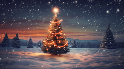 田园浪漫星空下美丽的白色圣诞树摄影图片